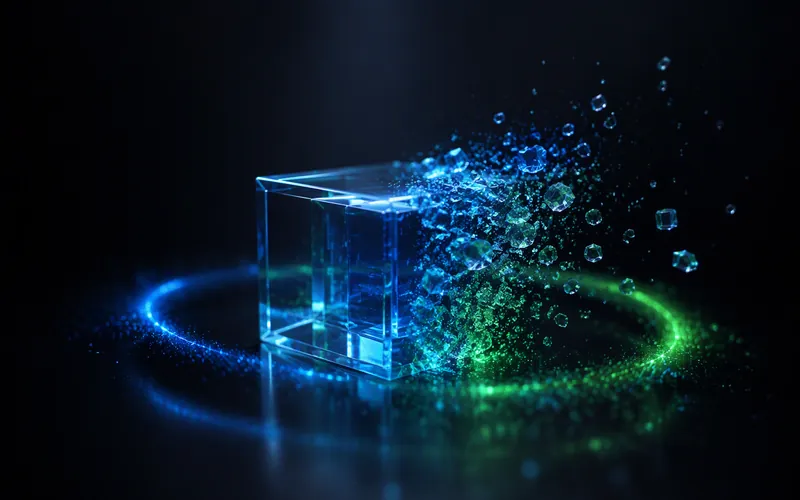 A glass prototype cube surrounded by an orbit of light — validating the approach