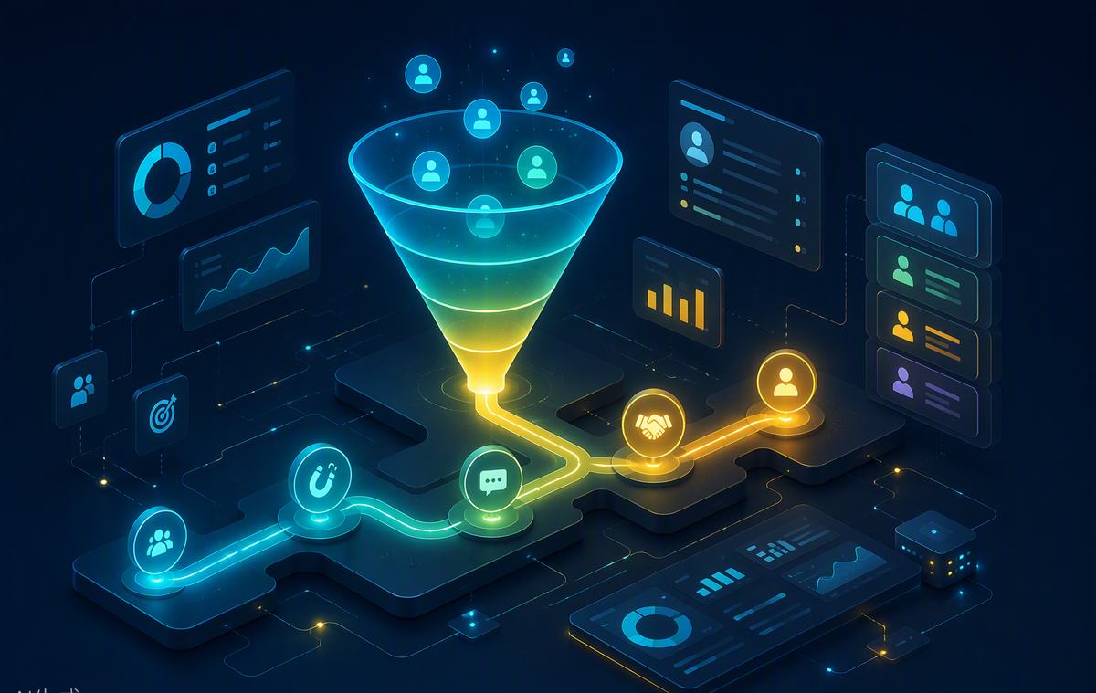 Marketing funnel and customer journey connected through Creatio — abstract visualisation