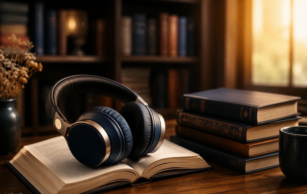Recorded Books — headphones resting on an open audiobook