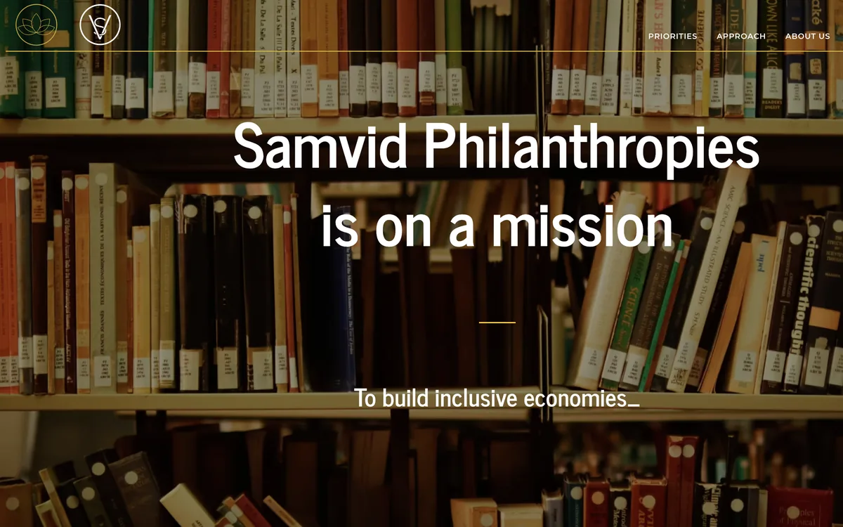 Samvid Philanthropies homepage — “Samvid Philanthropies is on a mission” over a bookshelf photograph