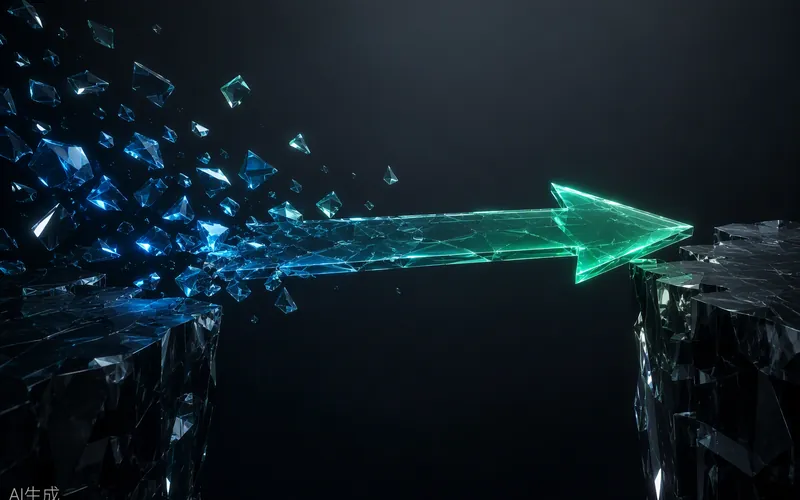 Luminous fragments assembling into an arrow-shaped bridge — turning findings into action