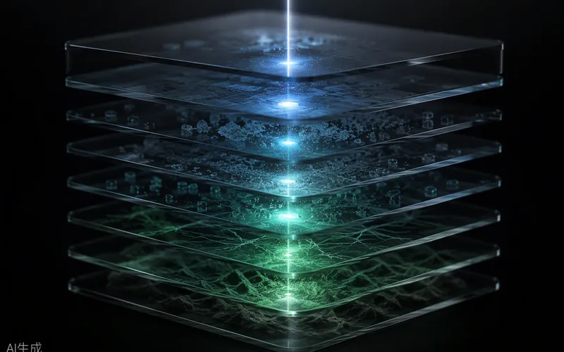 A beam of light scanning layered glass strata — investigating and delivering