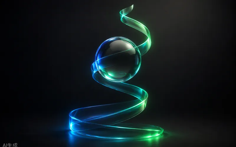 A glowing ribbon lifting a glass sphere along an ascending spiral — supporting what comes next