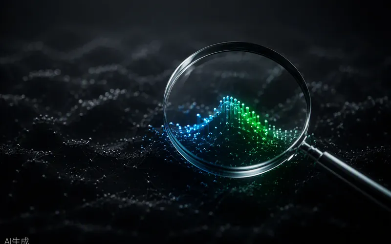 A glass lens revealing one bright cluster of data points in a dark landscape — understanding the challenge