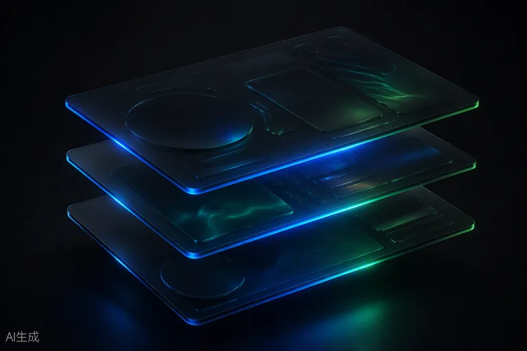 Layered dark-glass screens aligning into a single interface — design