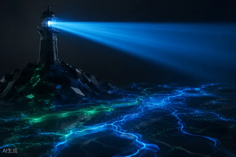 A dark-glass lighthouse beam revealing a map of paths — discovery