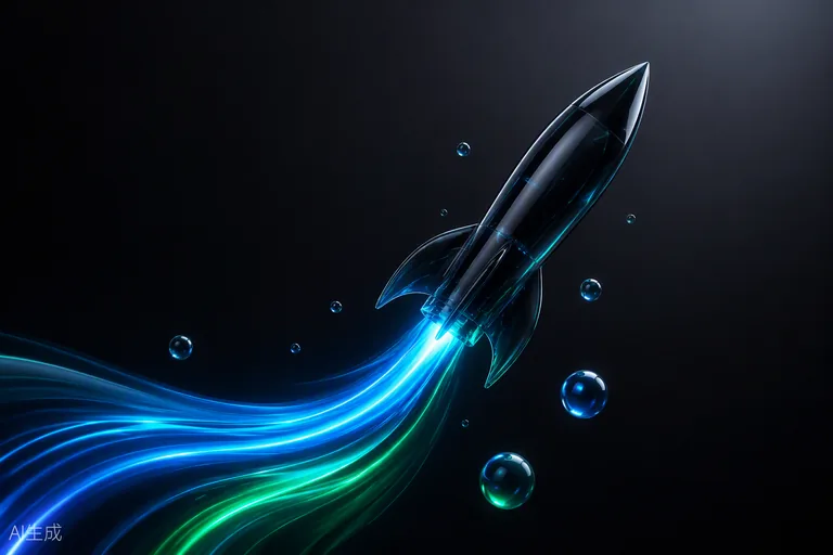 A dark-glass vessel rising on a trail of light — launching and evolving