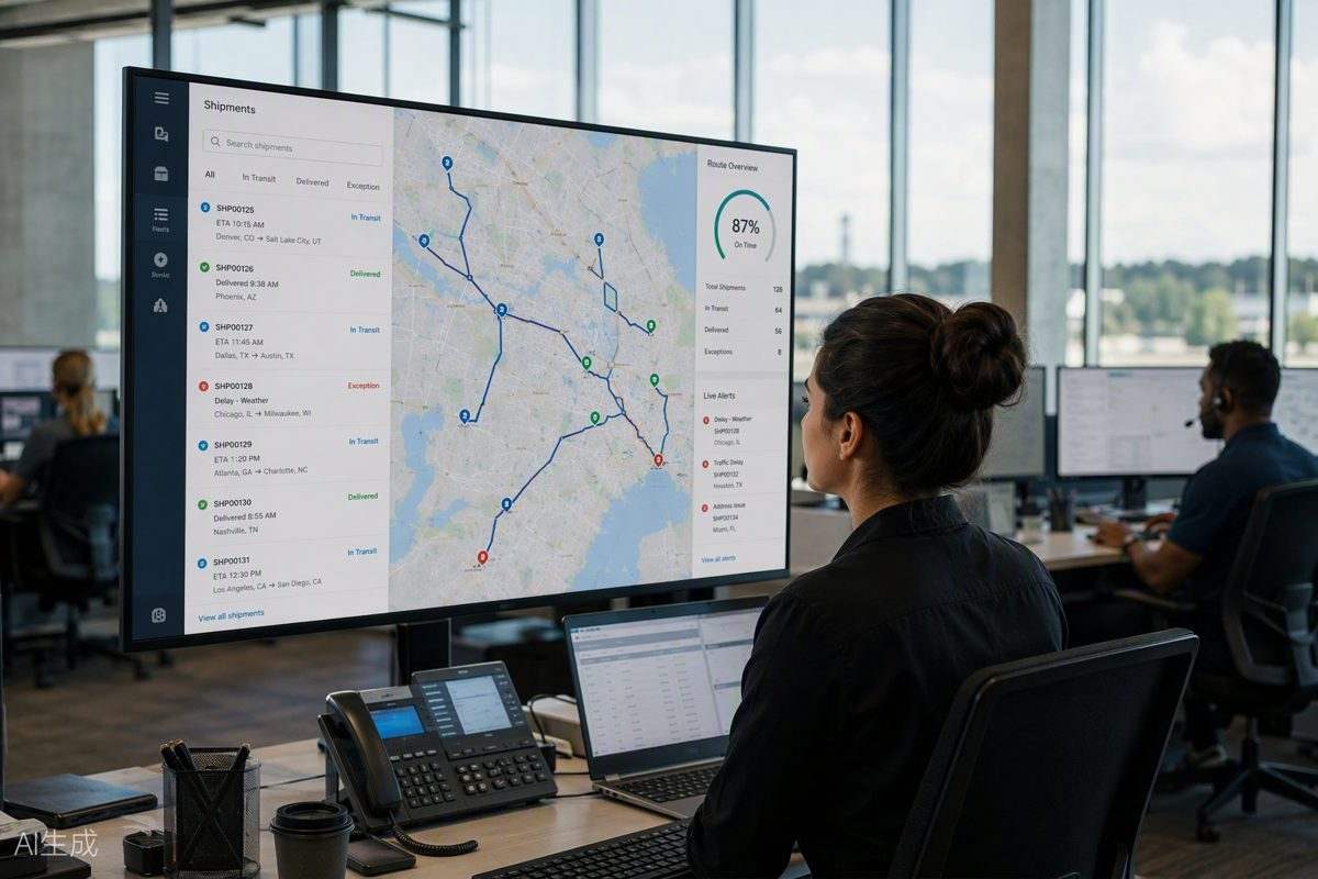 Dispatcher reviewing route and shipment data in a transportation platform
