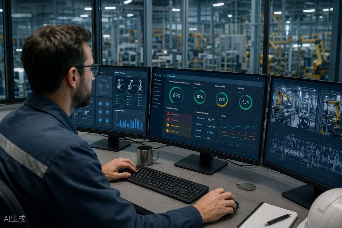 Operations engineer monitoring connected equipment data on a factory dashboard
