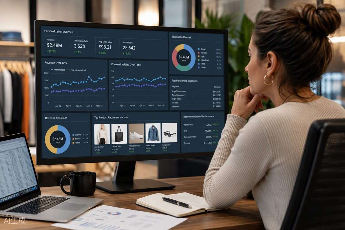 Retail analyst reviewing personalization and sales analytics dashboard
