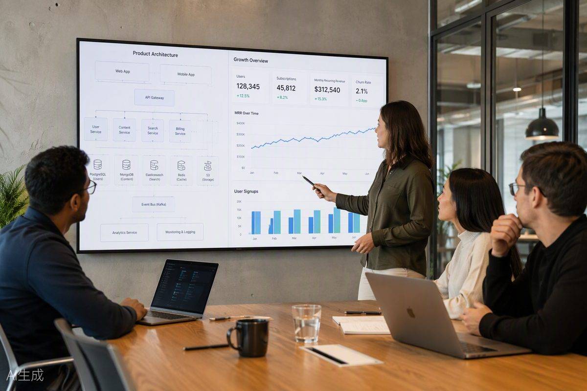 SaaS product team reviewing architecture and growth metrics
