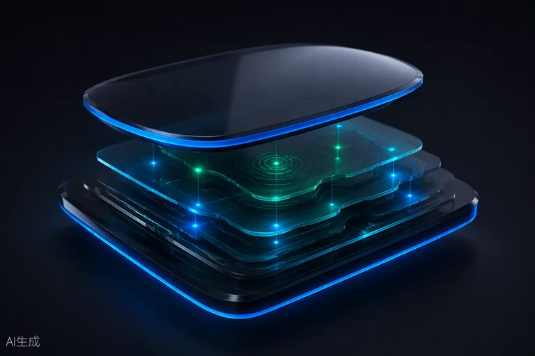A dark-glass lens hovering over layered product strata — assessing the product