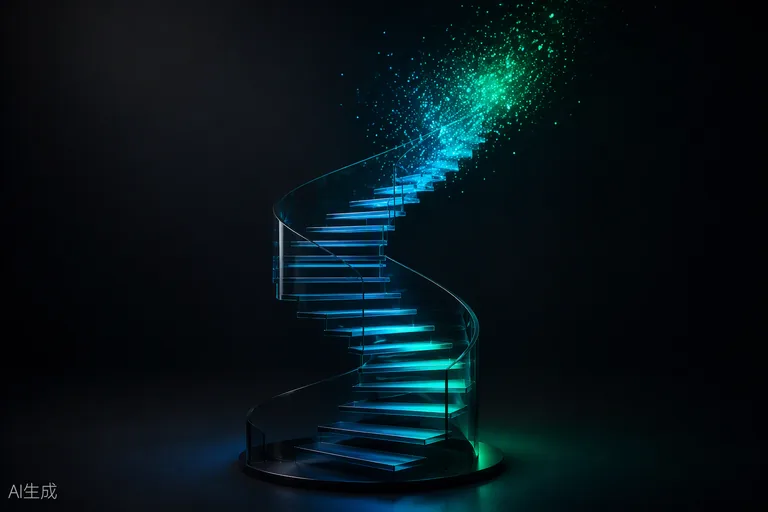 A dark-glass spiral unfolding upward into light — evolving the product