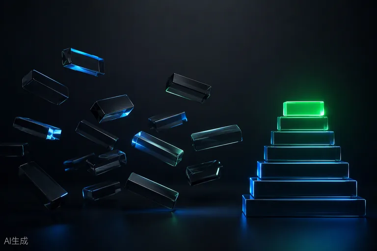 Dark-glass blocks sorting into a bright order — prioritizing the work